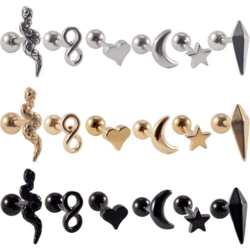 CHUANCI 6pcs/Lot Stainless Steel &Heart Star Moon Shape Ear Tragus Cartilage Helix Earring Ear Stud Piercing Jewelry 16G