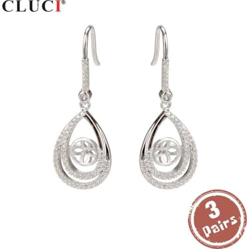 CLUCI 3 pair wholesale Silver 925 Drop Earrings Women Water Drop Pearl Earrings Mounting 925 Sterling Silver Earrings SE020SB