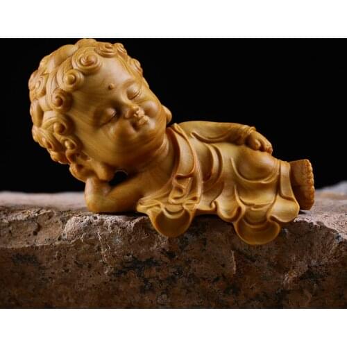 Boxwood 8CM Sakyamuni Sculpture Wood Lying Down Cartoons Buddha Statue Home Decor