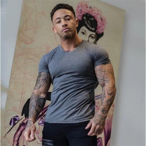Sports V Neck Short Sleeve T Shirt Men Fitness Slim Fit Solid Fashion T-shirt Fashion Tees Tops Summer Cotton Gym Clothing