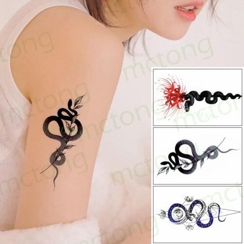 Waterproof Temporary Tattoo Sticker Black Snake Red Flower Body Art Fake Tatto Flash Tatoo Leg Arm Neck Hand Foot For Women Men