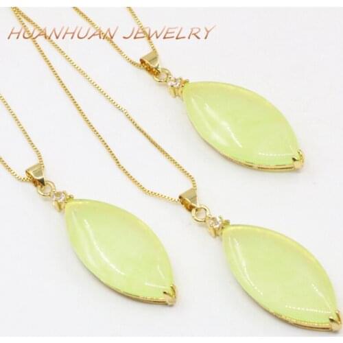 Gold-Color Stainless Steel Chain Pendant For Women 18x48mm Natural Stone Jades Marquise Shape Necklace & Pendants Jewelry B3361