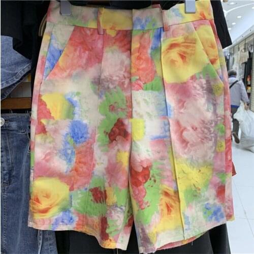 2020 new spring Loose Women Shorts High Waist Print Straight Ruched Hit Color Short Pants