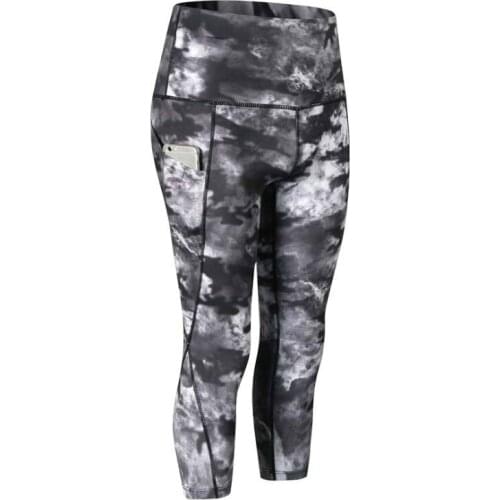 Womens Printed High-Waist Cropped Trousers Oblique Pockets Fitness Running Yoga Quick Drying Tight Fitting Pants 5035
