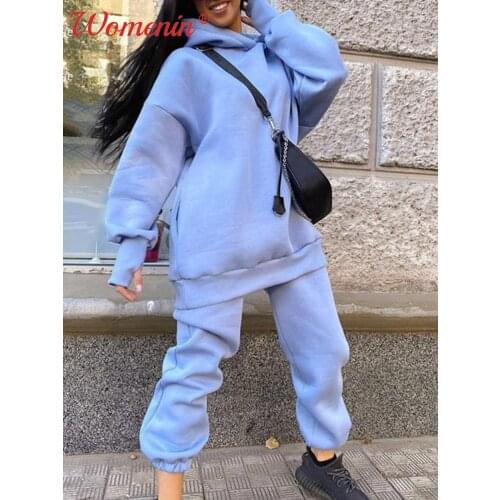 Fleece Solid Oversize Womens Tracksuit Suit Long Hoodies Trousers Set 2021 Autumn Loose Drop Shoulder Sweatpants Two Piece Set