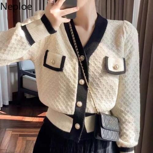 Neploe French Vintage Cardigan Jacket Women 2021 Spring Autumn V Neck Contrast Color Single Breasted Sweater Fashion Knitted Top