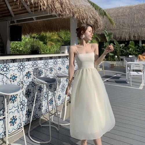 Women Summer Vacation Beige Fairy Dress Temperament French Gentle Spaghetti Strap High Waist Mesh Dress Sleevess Party Dresses