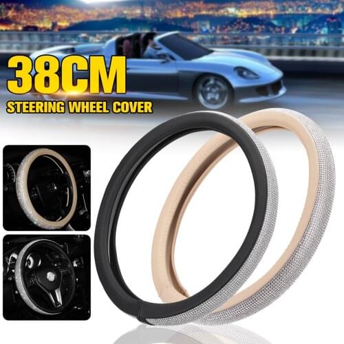 38cm PU Leather Car Steering Wheel Covers Bling Bling Crystal Rhinestone Auto Steering Wheel Cover Gear Shift Knob Cover