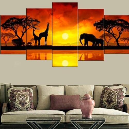 5 Piece Wall Art African elephan wall pictures for living room Sunset HD Photo on Canvas picture for bedroom decorative picture