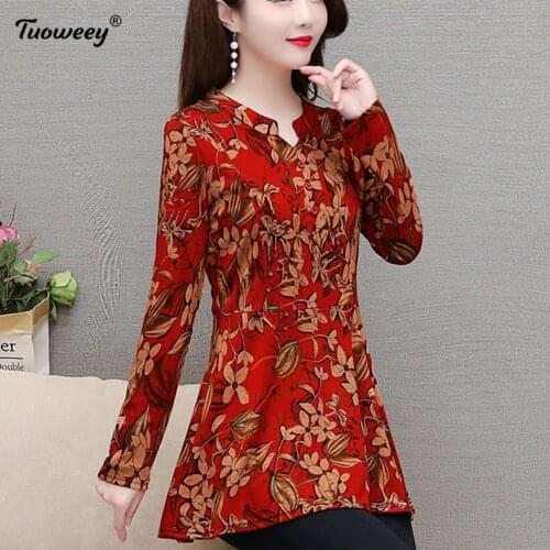 5XL plus size mother Women vintage Blouses 2021 Fashion autumn long Sleeve Shirt Female V neck tops camisas mujer elegant