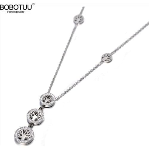BOBOTUU Original Design Stainless Steel Tree Charm Choker Necklaces Bohemia CZ Crystal Pendant Necklace For Women Girls BN20006