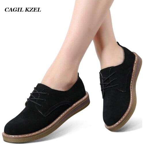 CAGILKZEL 2019 Spring Women Oxford Shoes Flats Shoes Women Leather Suede Lace up Boat Shoes Round Toe Flats Moccasins