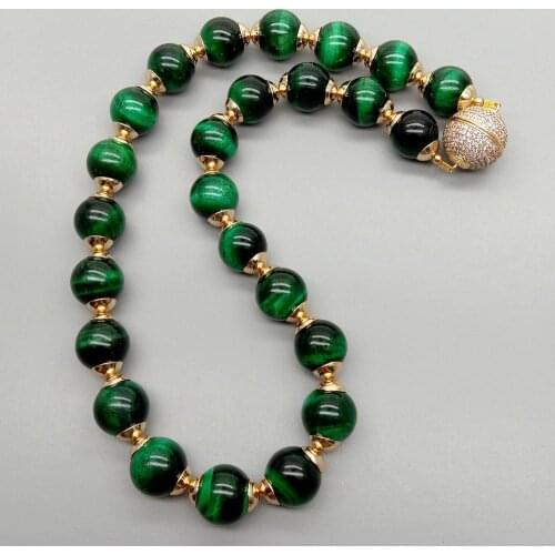 YYGEM 14mm Green Tigers Eye Smooth Round Choker Necklace 18.5" Cz pave magnet Clasp