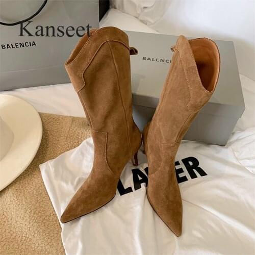 Kanseet Western Boots New 2021 Autumn Winter Pointed Toe Brown Genuine Leather High Heels Female Shoes Women Mid-Calf Boots 40