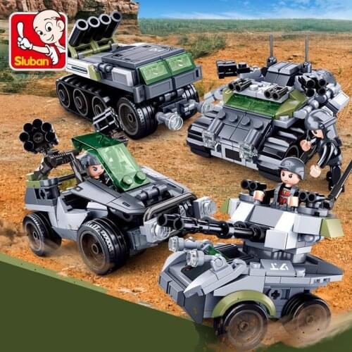 SLuban 0793 Agent War Wolf Military 4 In 1 Tank Chariot Assembly Model Boy Building Block Toy Gifts