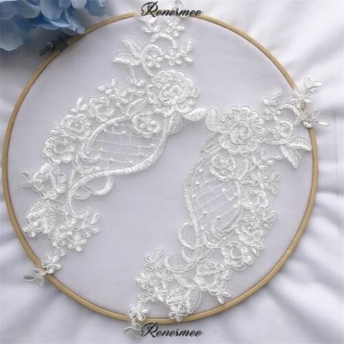 2Pairs/4pcs Ivory Embroidery Lace Flowers Applique Trim Veil Diy Handmade Materials Wedding Dress Decoration Accessories 27.5X9