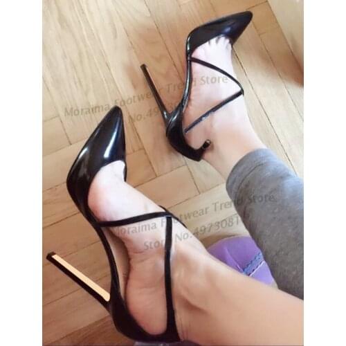 Moraima Snc High Heel Shoes Women Pointed Toe Cross-tied Thin Heels Pumps Summer Black patent Leather Stiletto heels 35-44