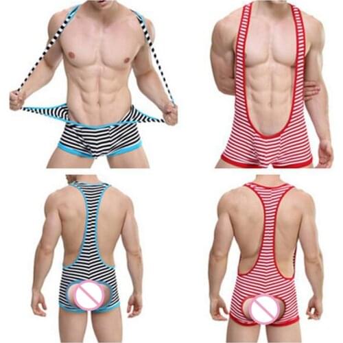 Men Thong Bodysuit Striped Suspender Sexy Lingerie Hot Wrestling Singlet Bodysuit Thong Colors(Red/Black),S/M/L/XL