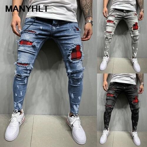 Europe And The United States New Mens Clothing Slim Hole Mens Jeans Printed Paint Jeans Fashion Casual Pants Leggings Y2K