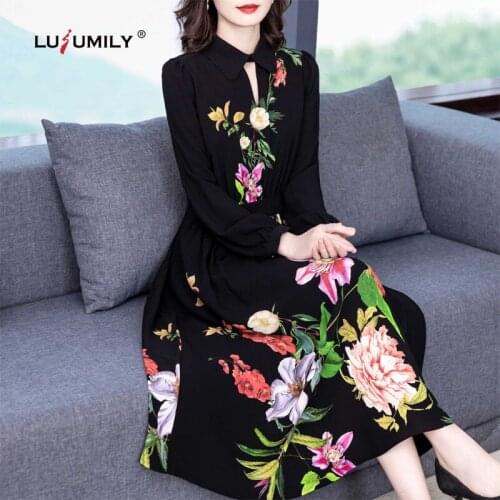 Lusumily New Autumn Floral Print Dresses Women Turn Down Collar Female Vintage Office Lady Vestido Long Sleeve A Line Slim Dress