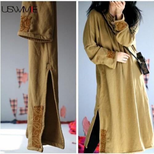 Dress Spring Autumn Embroidered Retro Outwear Pure Color Hand V-neck Vintage Elegant Dress Long Sleeve Dress Women