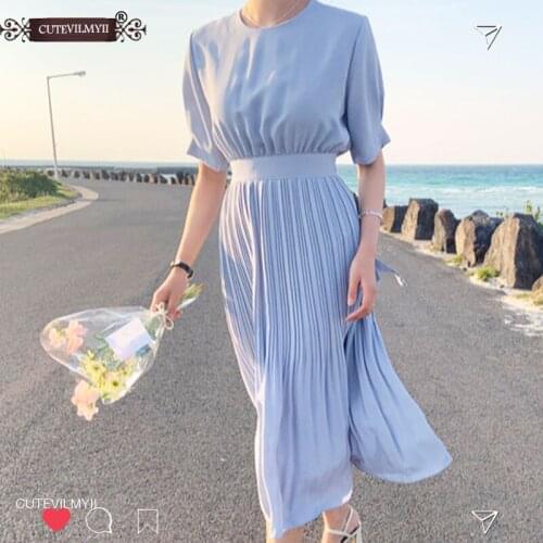 Elegant Loose O-neck Mid-length Dress for Women Summer Short Sleeve A-line Lace-up Midi Vestidos Chic Female Dress