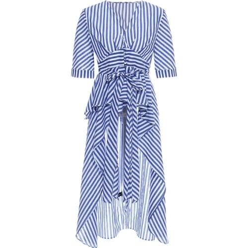 Popular Striped Women Short and Long Design V-neck Irregular Shirt Dress Half Sleeve Long Blouse