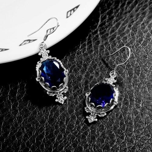 Sapphire Drop Earrings Edgy Occult Gothic Jewelry Big Oval Vintage Dangle Earring Boho Goth Ethnic Religion Jewelry Silver 925
