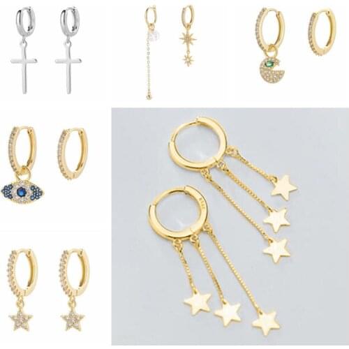 Real 925 Silver Ear Buckle Rhinestones Hoop Earrings for Women Delicate Tiny Star Cross Sun Earrings Drop Ear Huggies Earrings