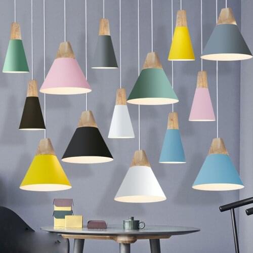 Nordic Wood Pendant Lights Metal Hanging Lamps Colorful Shade Adjustable Cord for Loft Kitchen Island Bedside Dining Room Store