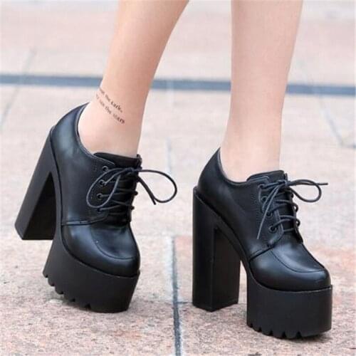 Hot Fashion New Waterproof 14.5CM Thick High high-heeled shoes woman pumps wedding party shoes PU Lace Up Round Toe shoes woman