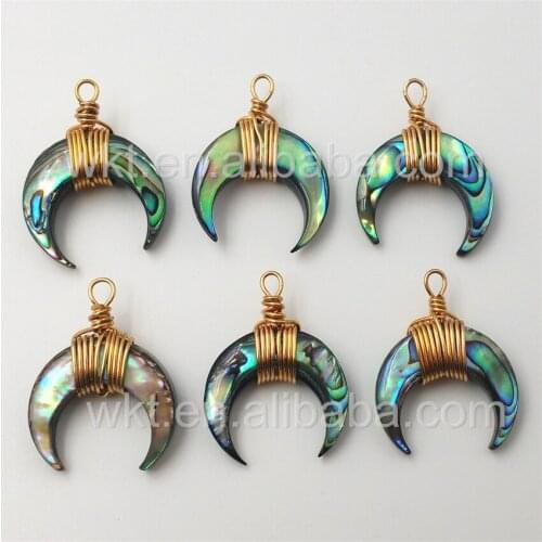 WT-P922 Very hot sale lovely small size natural abalone crescent shell horn pendant,handmake wire wrapped crescent horn necklace