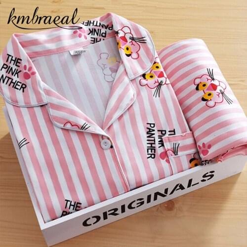 Womens Pajamas New Autumn Spring Long Sleeve Sleepwear Set Striped cartoon pyjama Woman Home Nightwear Set Cardigan Plus Size