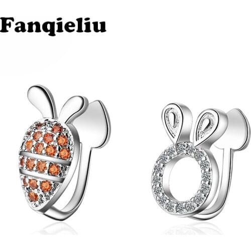 Fanqieliu Asymmetric Carrot White Rabbit Zircon Stud Earrings Fashion Real 925 Sterling Silver Earring Studs For Women FQL20271