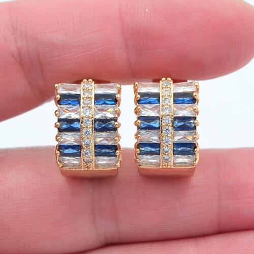 Gold Color Women Luxury White Blue Cubic Zirconia CZ Huggie Hoop Earrings Jewelry