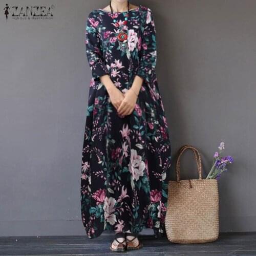 ZANZEA Autumn 3/4 Sleeve Vintage Printed Maxi Long Dress Women Sundress Cotton Linen Dresses Vestido Loose Kaftan Robe