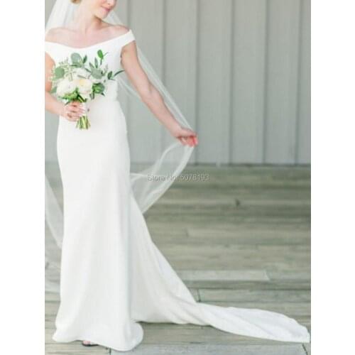 198 Fashion Ivory Off-The-Shoulder Natural Straight Floor-Length Long Spandex Wedding Dresses/ Women Gowns Buttons Free Shipping