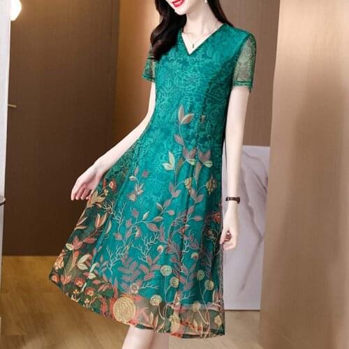 2021 Summer Women V Neck Short Sleeve Printed Floral Green Dress , Woman Female Flower Pattern Chiffon Dresses