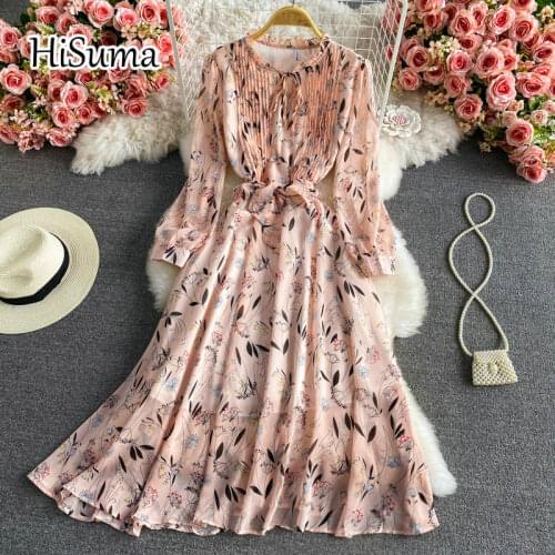 2021 summer new women o-neck flower print puff sleeve lace-up chiffon A-line dress female Chic elegant waist party dresses