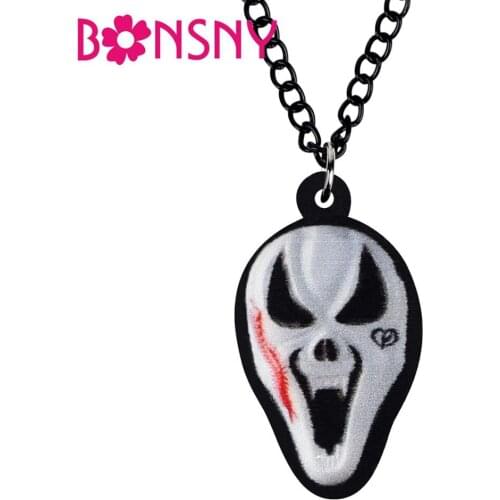 Bonsny Acrylic Halloween Horror Ghost Face Necklace Chain Collar Pendant Choker Jewelry For Women Ladies Charms Gift Decoration