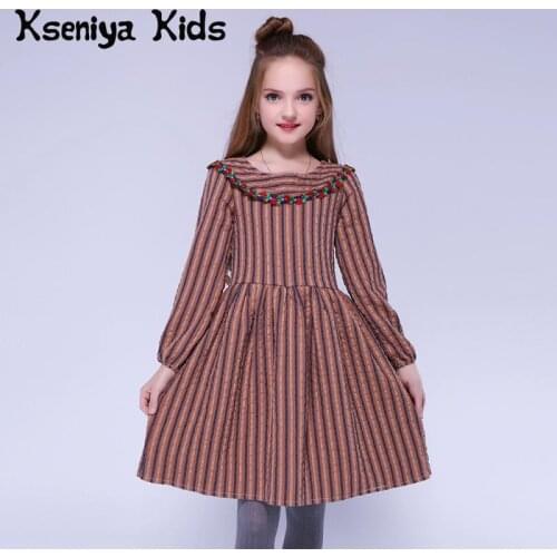 Kseniya Kids Children Girls Cotton Dresses Long Sleeve Flower Applique Striped Peter Pan Collar Cute Girl Party Dress 6 8 10