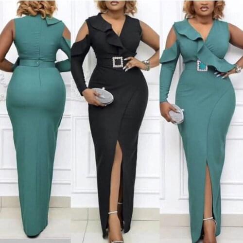 Elegant Long Dress for Womens V Neck One Shoulder Tight Bodycon High Split Sexy Evening Night Club Wear Long Dress Vestidos New