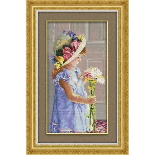 European little girl Fu Chrysanthemum hand embroidery cross stitch printing crafts decoration