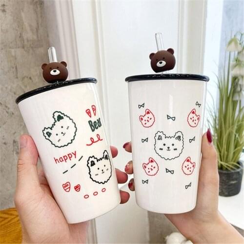 Cute Bear Coffee Mug Ceramic Tea Cup Milk Mug With Cover Straw Cartoon Mugs For Children Mothers Day Birthday Christmas Gifts