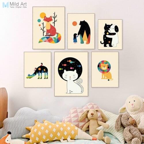 Colorful Kawaii Animals Friend Bear Dog Cat Poster Prints Nordic Baby Room Wall Art Pictures Home Decor Canvas Painting Custom