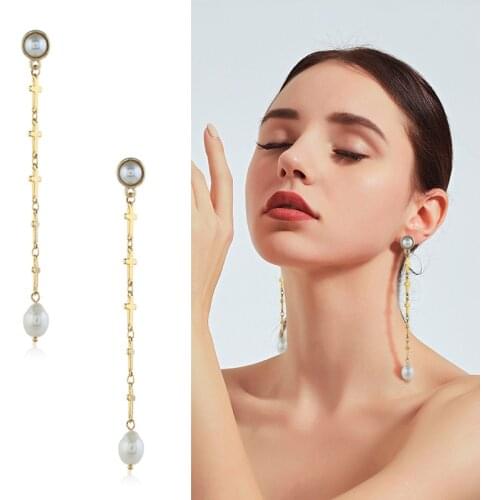 Fashion Simple Cross Dangle Earrings Natural Freshwater Pearl Drop Earrings For Wedding Party Gift