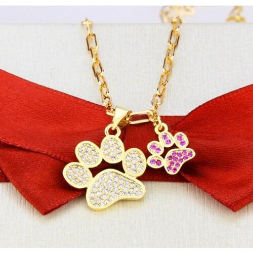 Trendy Cute Rose Gold Bear Paw Dog Cat Claw Pink Necklace shin Cubic Zirconia Footprint Necklaces for Women gift Love Jewelry