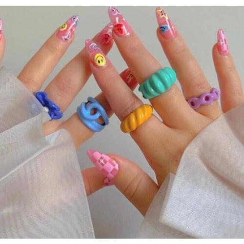 3Pcs/Set New Fashion Colorful Geometric Chain Open Rings Set for Women Girls Candy Color Hand-painted Knuckle Rings Jewelry