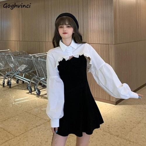 Sets Women Mini Dress Long Lantern Sleeve Ruffles Simple Fashion Female Loose Korean Style Solid Turn-down Collar Sexy Slim New