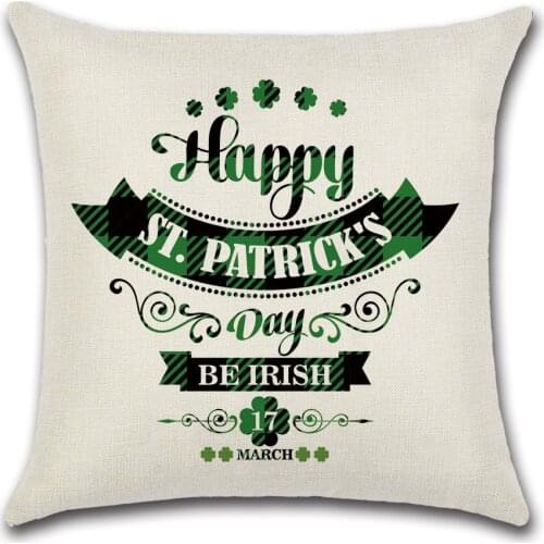Happy St. Patrick Day Luck Text And Four-Leaf Clover Pattern Linen Blank Cushion Cover Pillow Cover Pillow
